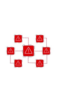 A motion graphic animation of a centralized system failure represented by an array of red square icons displaying triangular warning symbols and connected by dashed lines indicating a network.