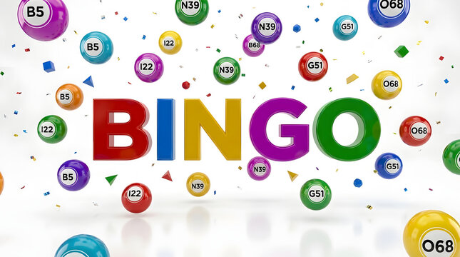 Colorful bingo text with floating lottery balls on a white background