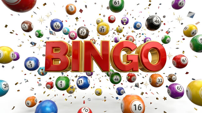 Colorful bingo balls floating in mid-air with the word bingo highlighted in bold red letters