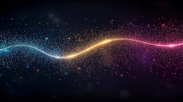 Colorful glowing particle wave on dark abstract background, sparkling blue gold pink light trails, vibrant cosmic energy display with flowing motion, luminous depth, and modern visual design