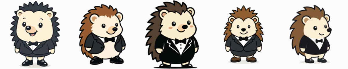 Fototapeta premium Set of vector illustrations of a cute hedgehog standing and wearing a tuxedo.