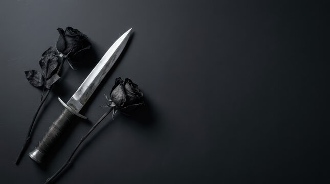 Minimalist Noir Horror Flatlay with Antique Dagger and Withered Black Roses on Dark Matte Background with Large Copy Space