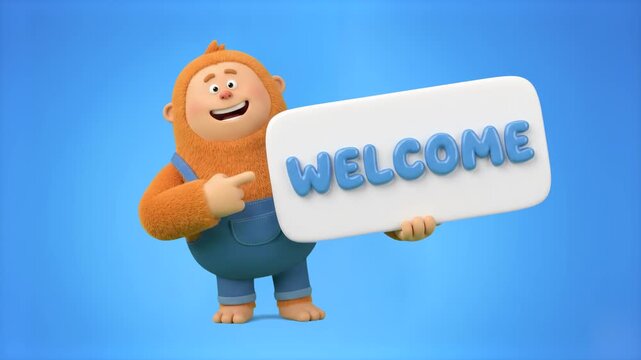 A cheerful 3D animated furry character holding and pointing to a white sign with text WELCOME against a clean blue studio background. Great for welcome screens, video introductions, promo banners, cus