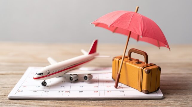 Airplane, suitcase and umbrella on white calendar background, travel holiday and annual leave planning concept for vacation, relaxation, paid time off, employee pto, business leave, summer getaway and