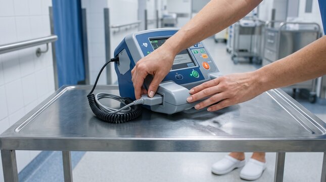 Medical professional hands adjusting a portable cardiac defibrillator monitor on a stainless steel trolley in a modern clinical hospital hallway.