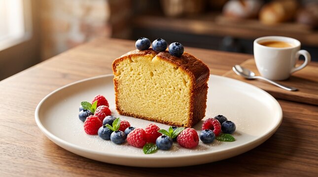Gourmet lemon pound cake slice with fresh berries, rustic cafe breakfast with coffee, sweet dessert on ceramic plate