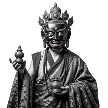 Buddhist monk statue with crown and rosary.