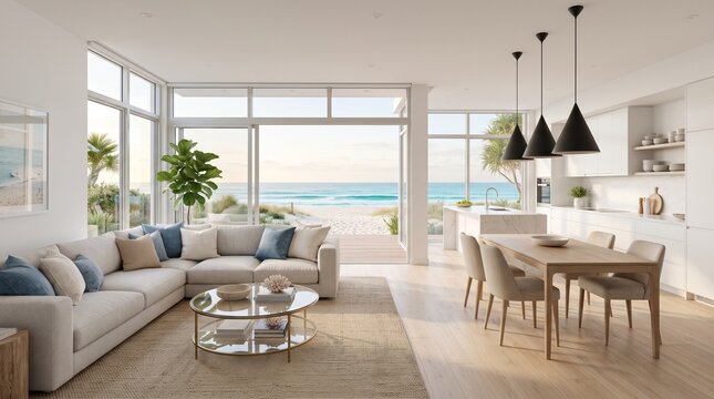 Modern coastal living room with ocean view, luxury beachfront villa interior, bright open plan kitchen and dining area