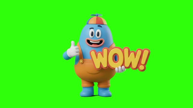 A cheerful 3D animated blue character wearing a propeller hat showing thumbs up while holding a yellow WOW sign on a chroma key green background. Ideal for surprise reactions, promotional offers, spec