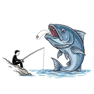 Businessman fishing with giant fish cartoon.