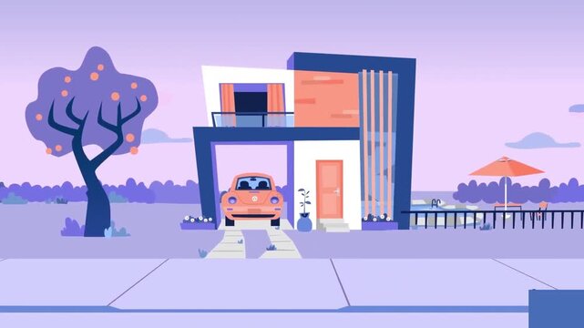 Modern residential house with orange car parked under canopy showing smooth motion in this minimalist flat design 2d animation footage