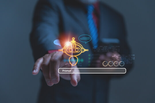A professional touches a robot artificial intelligence assistant with a command prompt bar, innovative corporate tech solutions for the future, automation concept.