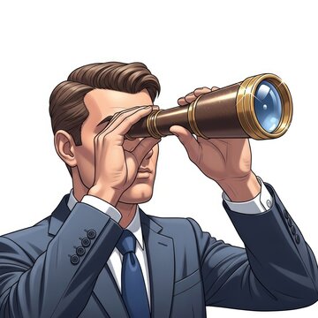 Businessman looking through vintage telescope.
