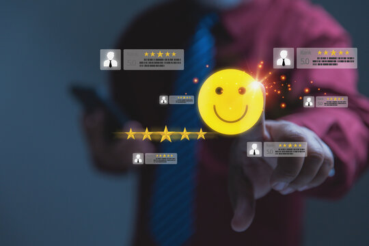 Customer evaluation reviews and testimonials, Customer satisfaction dashboard, five-star rating badges, and successful corporate service strategies in the modern marketplace.
