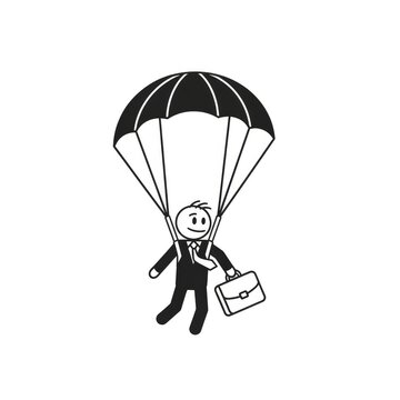 Businessman parachuting with briefcase in hand.