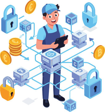 Man in uniform with tablet overseeing secure crypto network with locks and currency symbols, concept for blockchain security and digital finance management.