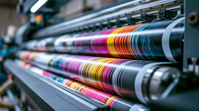 Industrial large format printer processing colorful rolls of vinyl in a modern print shop. Perfect for commercial printing and manufacturing concept backgrounds.