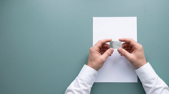 Hands placing metal object on white paper