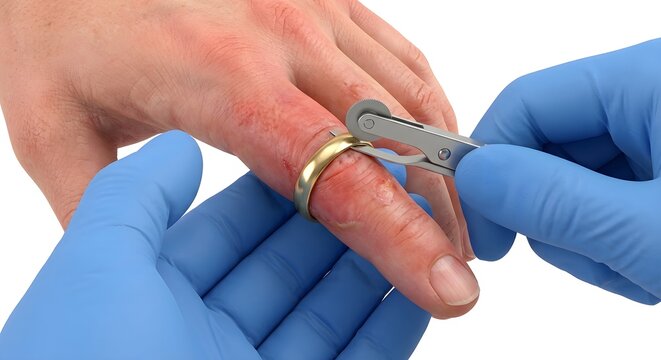 Emergency Medical 3D Render of Ring Removal from a Swollen Burned Finger Using a Ring Cutter