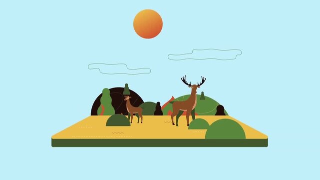 Deer family roaming in a colorful cartoon forest landscape animation captured in this creative digital motion vector graphics style video