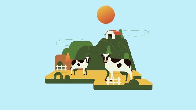 Dairy cows grazing near a farmhouse on green hills in this peaceful flat design style animated motion graphic video footage