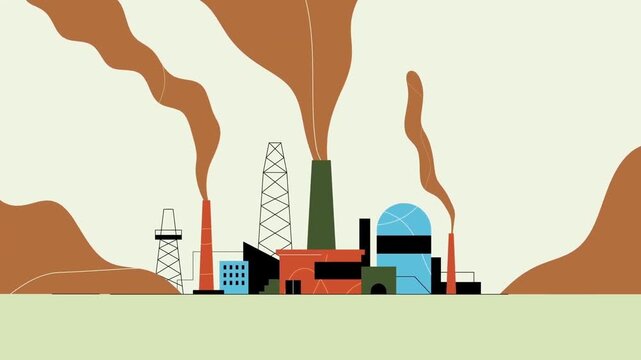 Industrial manufacturing complex emitting heavy clouds of toxic smoke in an animated vector style motion graphics background design project clip