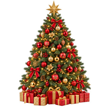 Red Gold Christmas Tree with Gifts Isolated