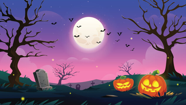 Spooky Halloween graveyard landscape with glowing jack o lantern pumpkins beneath spooky bare trees and full moon. Vector cartoon illustration