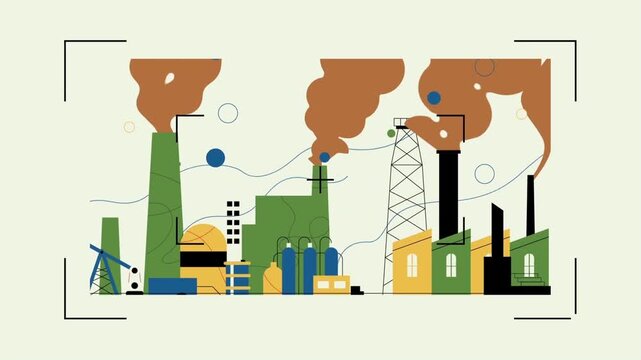 Industrial factory complex animation showing smoke billowing from tall chimneys in a stylized flat design motion graphics video loop style