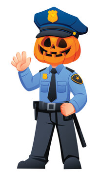 Police officer pumpkin character waving hand in friendly greeting gesture during patrol work. Vector cartoon illustration