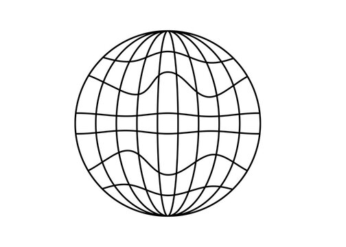 Abstract wireframe globe with curved latitude and longitude lines, geometric spherical grid illustration, minimal black outline world sphere isolated on white for technology, mapping, and global 