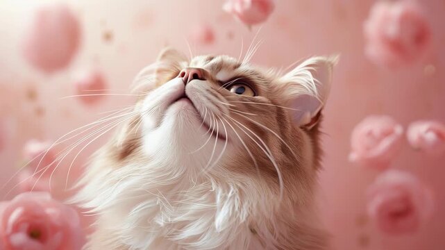 Fluffy Persian cat feline pet mammal portrait with blue eyes, longhair fur and whisker detail, gazing upward among pink rose flowers and petals, dreamy romantic golden bokeh mood against pastel