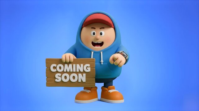 A 3D animated boy character in a blue hoodie holding a wooden Coming Soon sign on a blue background. Great for product teasers, website launch pages, upcoming event announcements, movie promos, and di