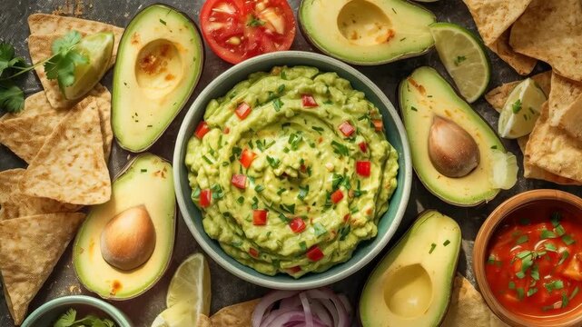 Creamy Avocado Dip with Tortilla Chip, Lime, Tomato, Herb, and Avocado Half for Fresh Mexican Food Snack Appetizer Guacamole Spread with Garlic Onion Cilantro Pepper