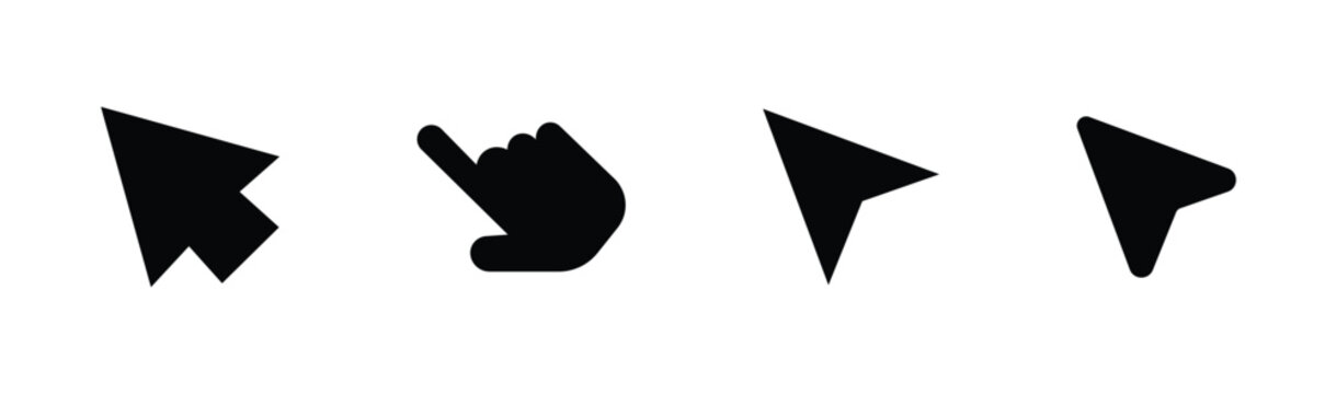 Cursor and pointer arrow icon set. Minimalist mouse cursor vector icon set featuring pointer arrows and pointing hand in solid black silhouette.