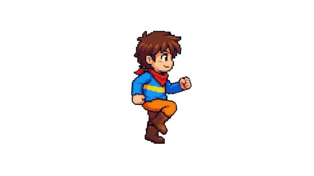 A 2D animated young anime boy character with brown hair wearing a blue sweater, scarf, and boots walking on a white background. Ideal for platformer games, anime video clips, adventure animations, cha