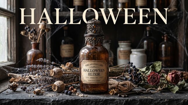 Amber glass apothecary bottle labeled halloween elixir on a dark stone counter with dried lavender poppy pods and withered roses in a dusty room with cobwebs