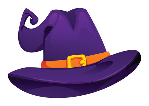 Curved witch hat with golden buckle strap for Halloween costume design. Vector cartoon illustration