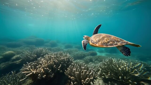 Sea Turtle Swimming Over Coral Reef in Clear Tropical Ocean Water, Sunlight Rays Illuminating Peaceful Underwater Marine Life and Wildlife Scene with Graceful Swimming Through Blue Sea