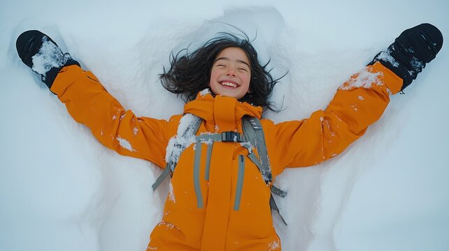 A child in an orange snowsuit lies in the snow, arms outstretched, creating an angel's wings pose.  Happy expression.  Fresh snow