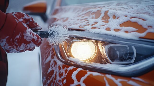 A gloved hand holds a brush, applying soapy foam to an orange car headlight in winter