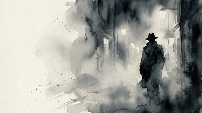 Noir horror watercolor illustration of a mysterious figure in a foggy alleyway with negative copy space