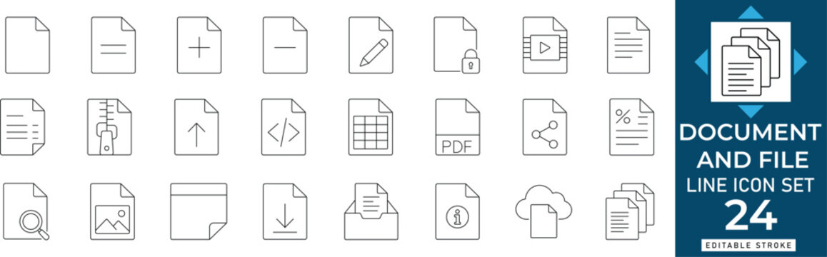 Document and file line icon set featuring contract, database, folder, and archive. Professional editable stroke vector illustration for modern UI UX web design projects
