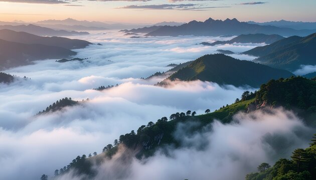 Pristine alpine fog valley landscape at sunrise with rolling mountains covered in dense morning mist and soft golden light illuminating the untouch...