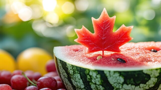 A vibrant slice of watermelon, adorned with a red maple leaf, sits amongst other summer fruits