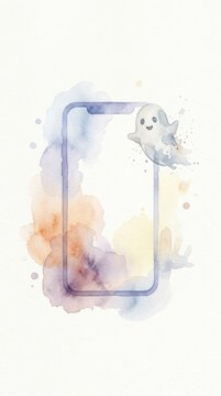 Minimalist Watercolor Halloween Smartphone App Promotion Illustration with Cute Ghost and Copy Space for Social Media Marketing Background