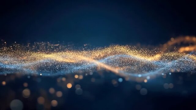 Abstract particle wave with glowing golden blue light forming flowing digital curves, luminous depth, elegant futuristic energy, technology celebration atmosphere across dark space background for SEO