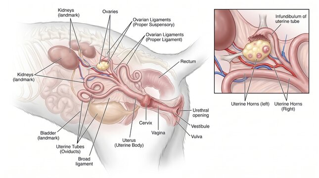 Cat female reproductive anatomy medical illustration showing uterus ovaries and uterine horns