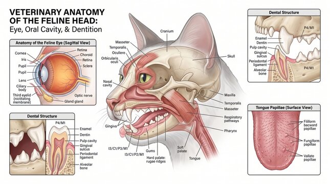 Cat head veterinary anatomy diagram and illustration detailing feline skull, eye, oral cavity, and dentition structure