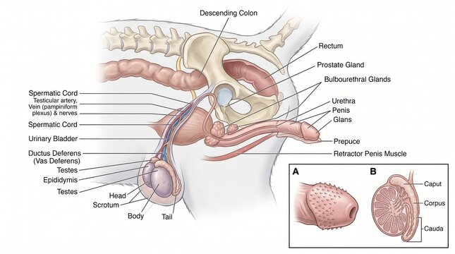 Cat reproductive system anatomy illustration showing feline internal organs and testicles